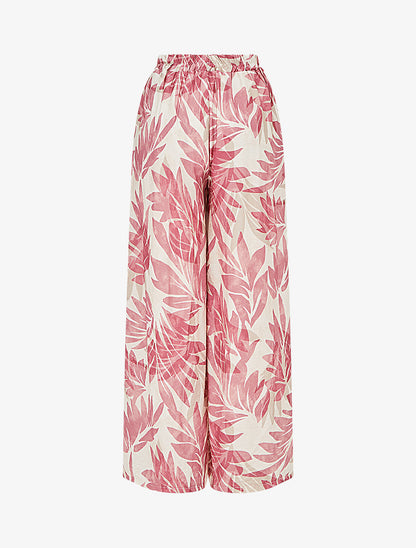 Pantalon imprimé feuillage et à taille haute élastiquée - Rose - 2