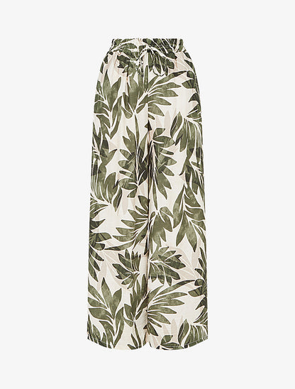Pantalon imprimé feuillage et à taille haute élastiquée - Kaki - 1
