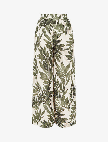 Pantalon imprimé feuillage et à taille haute élastiquée - Kaki - 2