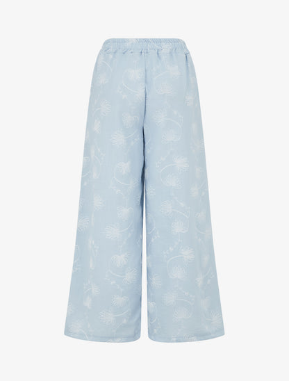 Pantalon en lin à broderie floral - Bleu ciel - 2