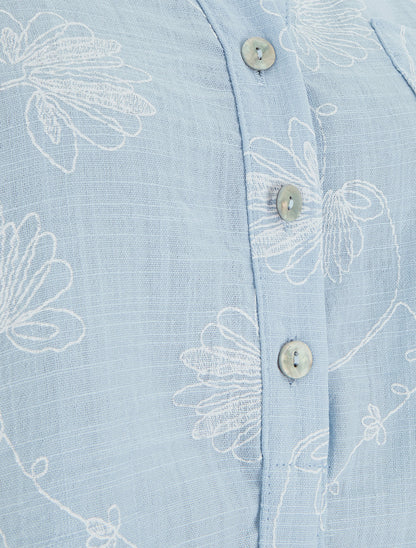 Top en lin boutonné à broderie floral - Bleu ciel - 3