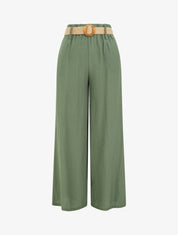 Pantalon fluide uni à taille élastiquée - Kaki - 1