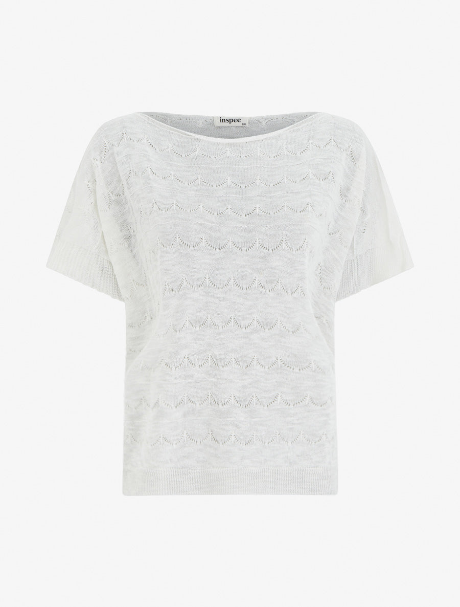 Top uni en maille ajourée à manches courtes - Blanc - 1