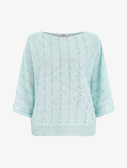 Top uni en maille ajourée à manches 3/4 - Turquoise - 1