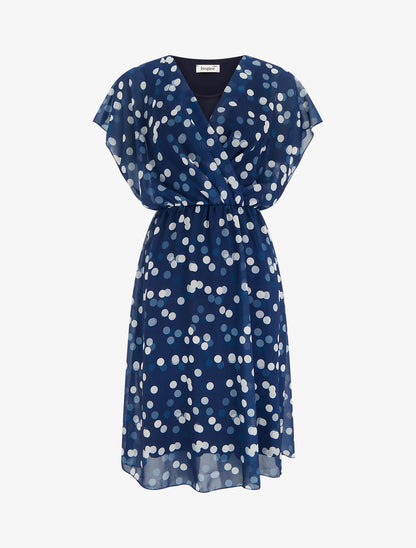 Robe imprimé pois à col cache-coeur - Marine - 1