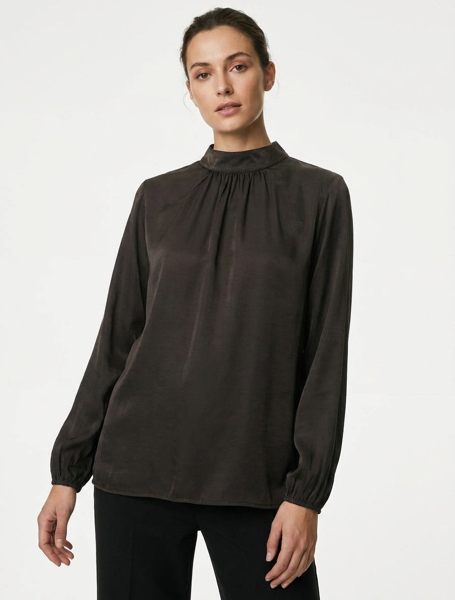 Blusa satinada con puños elásticos - Marrón