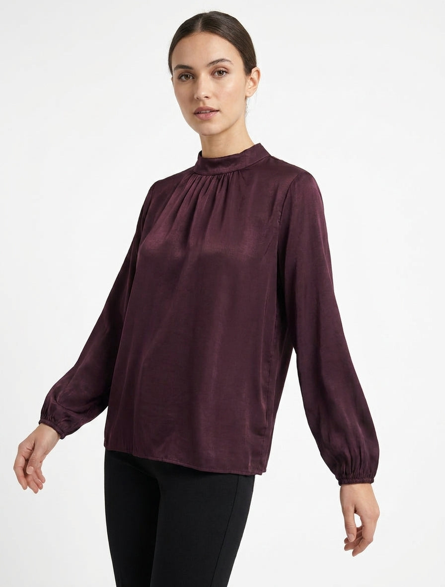Blusa satinada con puños elásticos - Ciruela
