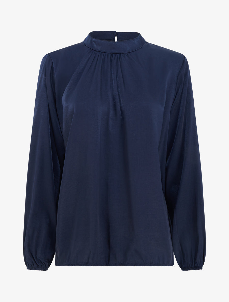 Blouse satinée à poignets élastiqués - Marine - 1