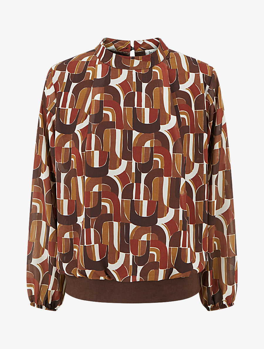 Blouse imprimé rétro à poignets élastiqués - Marron - 1