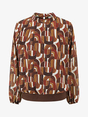 Blouse imprimé rétro à poignets élastiqués - Marron - 1