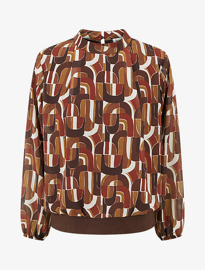 Blouse imprimé rétro à poignets élastiqués - Marron - 1