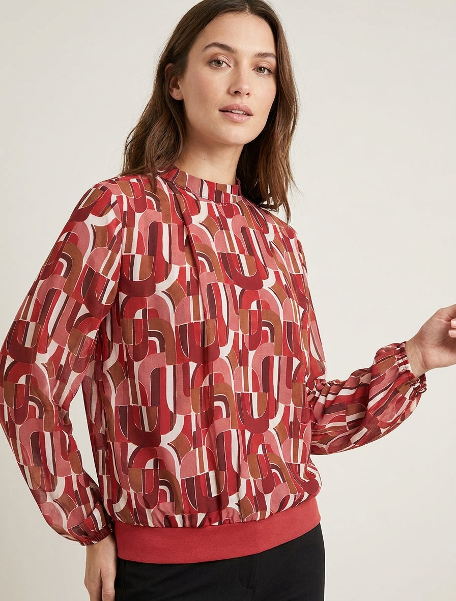 Blusa estampada retro con puños elásticos - Rojo