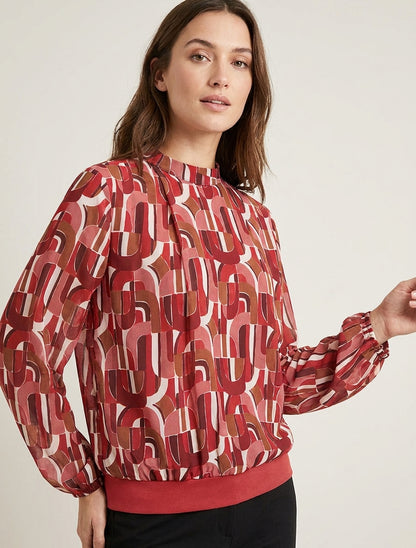 Blusa estampada retro con puños elásticos - Rojo