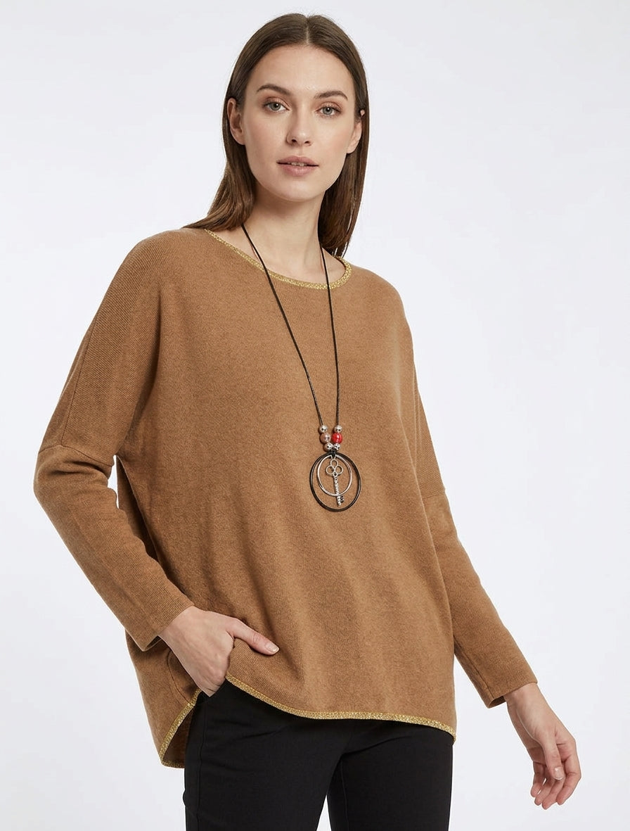 Jersey liso con mangas largas murciélago - Camello