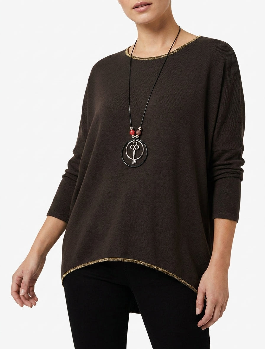 Jersey liso con mangas largas murciélago - Marrón