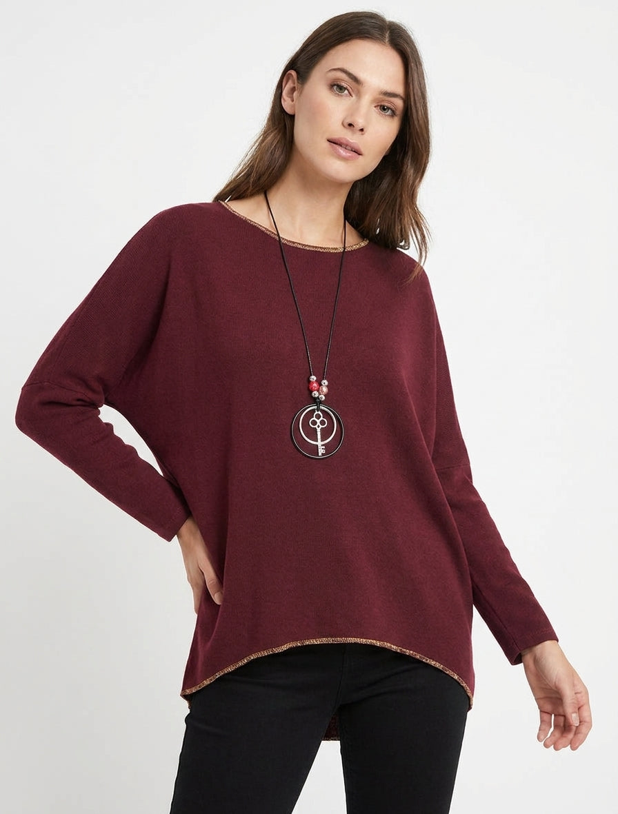 Jersey liso con mangas largas murciélago - Burdeos