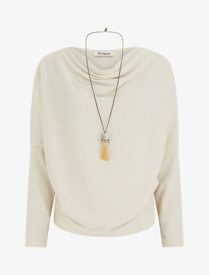 Pull fin à manches chauve-souris et col bénitier - Beige - 1