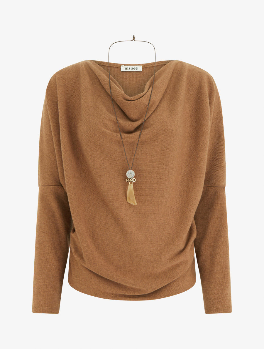 Pull fin à manches chauve-souris et col bénitier - Camel - 1