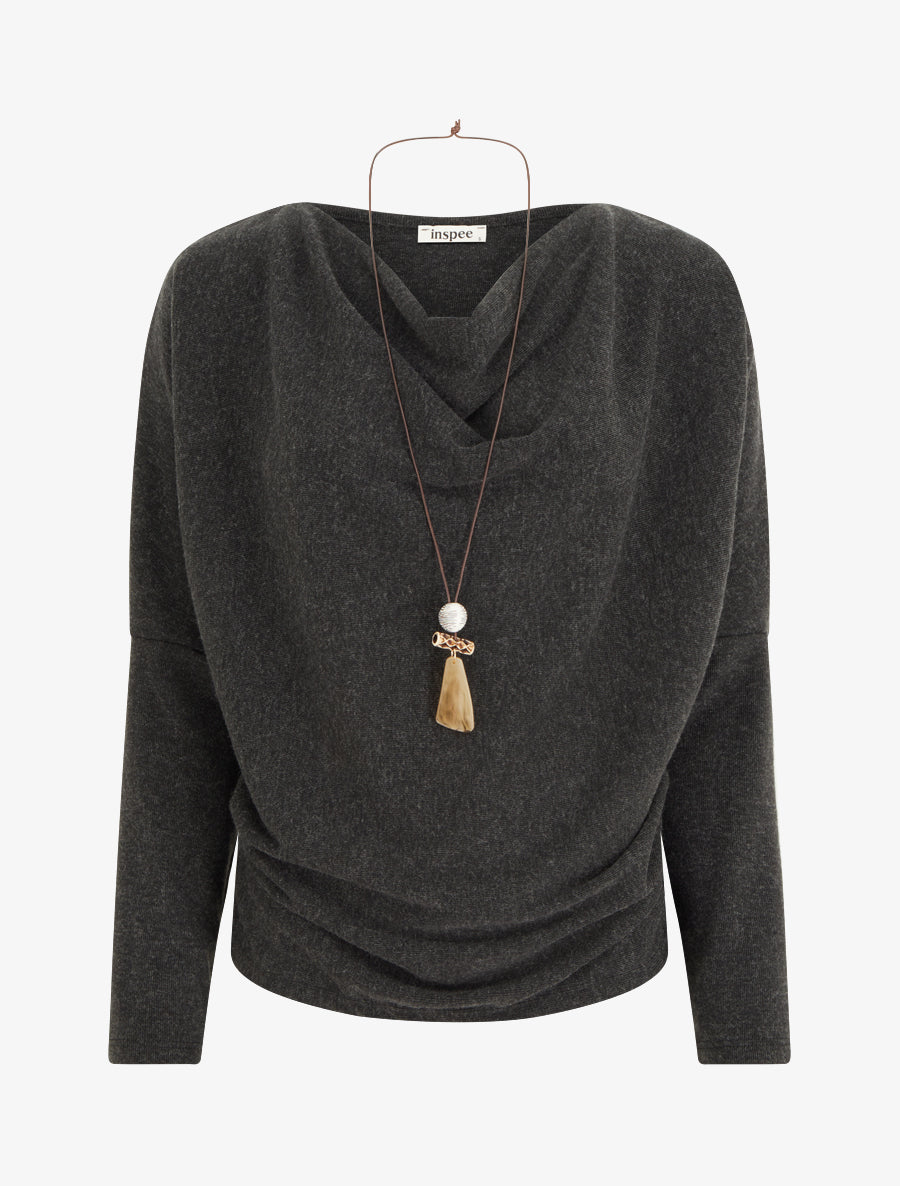 Pull fin à manches chauve-souris et col bénitier - Gris foncé - 1