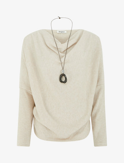 Pull côtelé à manches chauve-souris et col bénitier - Beige - 1