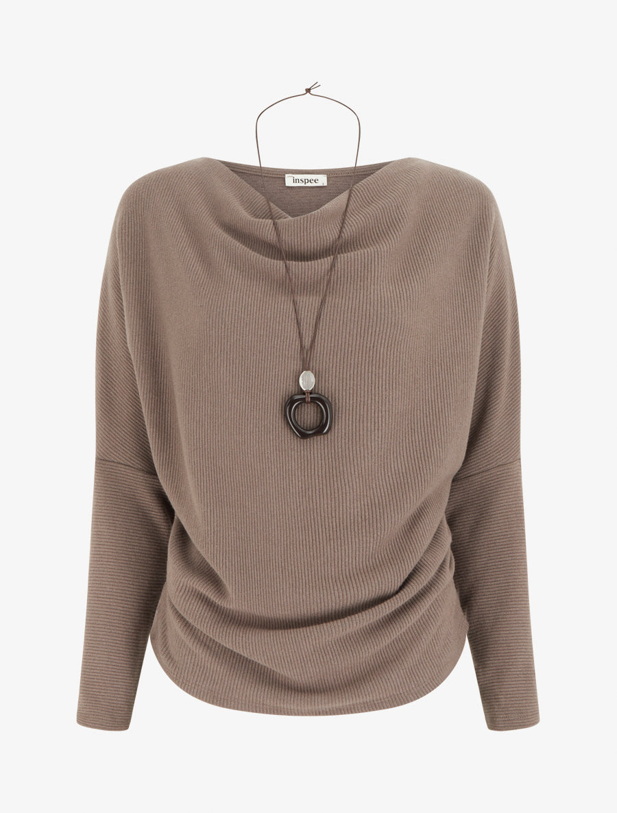 Pull côtelé à manches chauve-souris et col bénitier - Taupe - 1