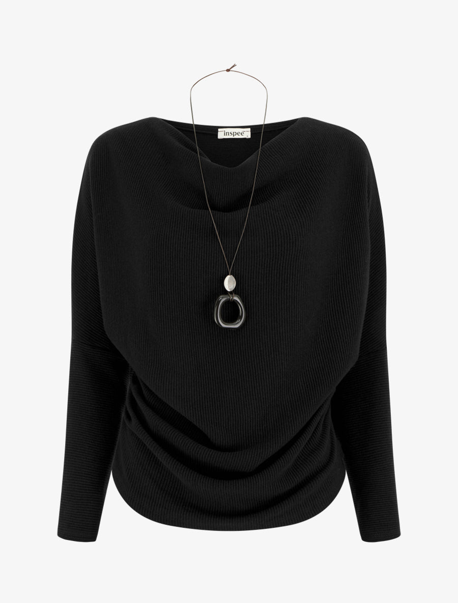 Pull côtelé à manches chauve-souris et col bénitier - Noir - 1