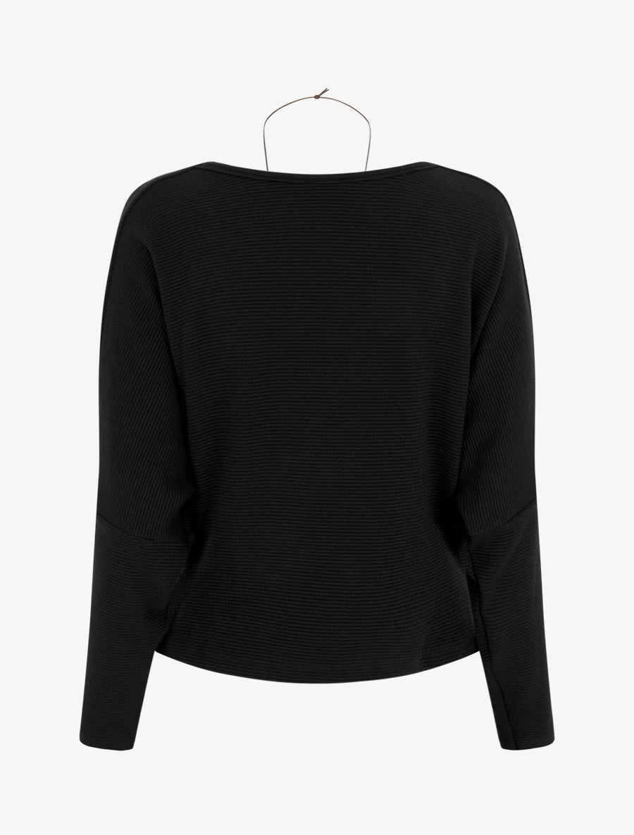 Pull côtelé à manches chauve-souris et col bénitier - Noir - 2