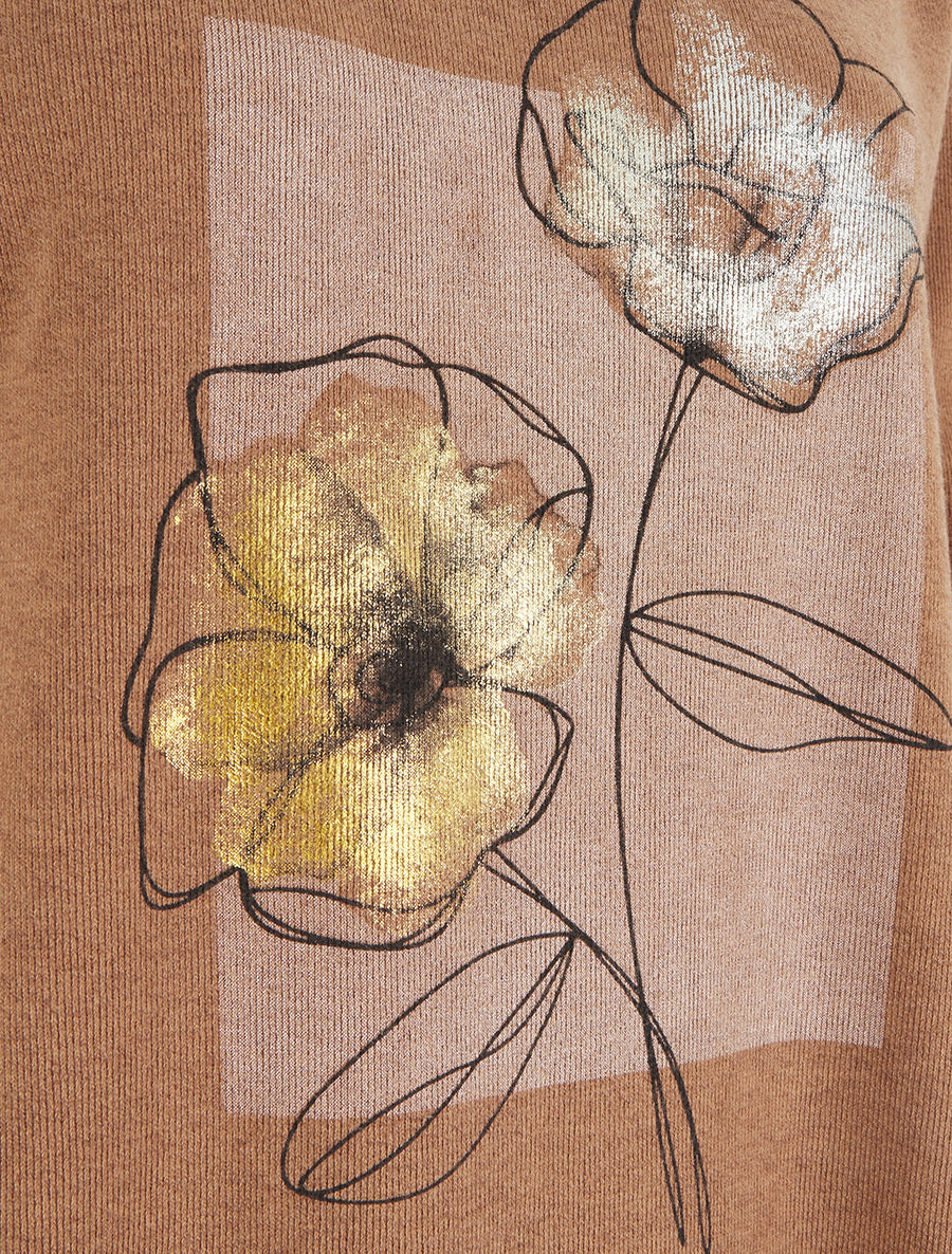 Pull à bords asymétriques et motif floral irisé - Camel - 3