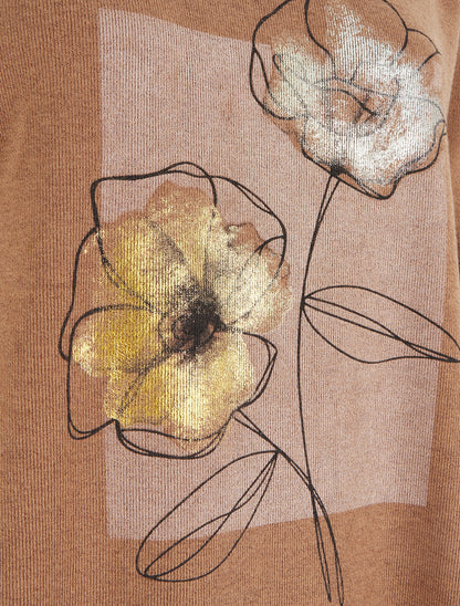 Pull à bords asymétriques et motif floral irisé - Camel - 3