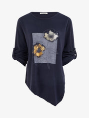 Pull à bords asymétriques et motif floral irisé - Marine - 1