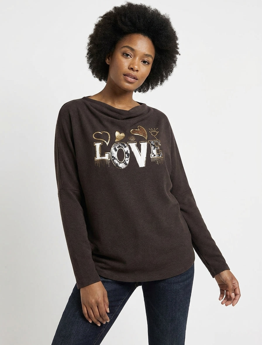 Jersey con cuello drapeado e inscripción LOVE - Marrón