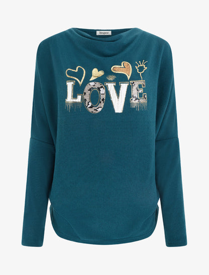 Pull à col bénitier et inscription LOVE - Bleu canard - 1