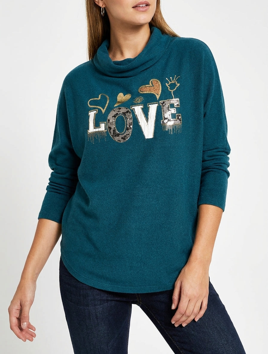 Jersey con cuello drapeado e inscripción LOVE - Azul pato