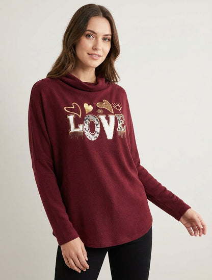 Jersey con cuello drapeado e inscripción LOVE - Burdeos