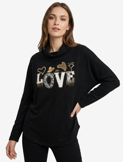 Jersey con cuello drapeado e inscripción LOVE - Negro