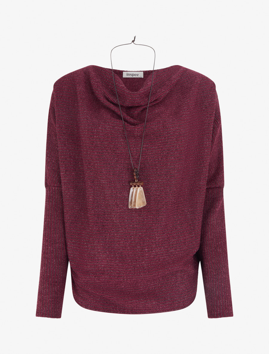Pull à col bénitier en maille motif rayé - Lie de vin - 1