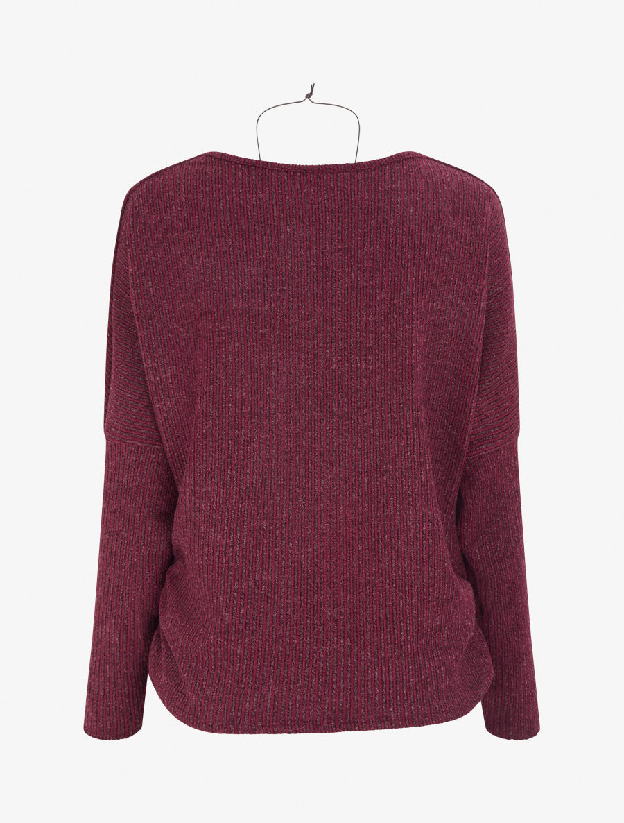 Pull à col bénitier en maille motif rayé - Lie de vin - 2