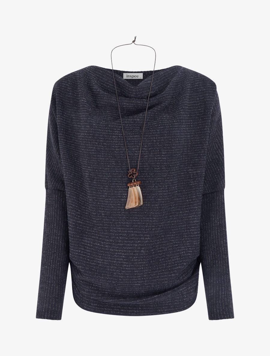 Pull à col bénitier en maille motif rayé - Marine - 1