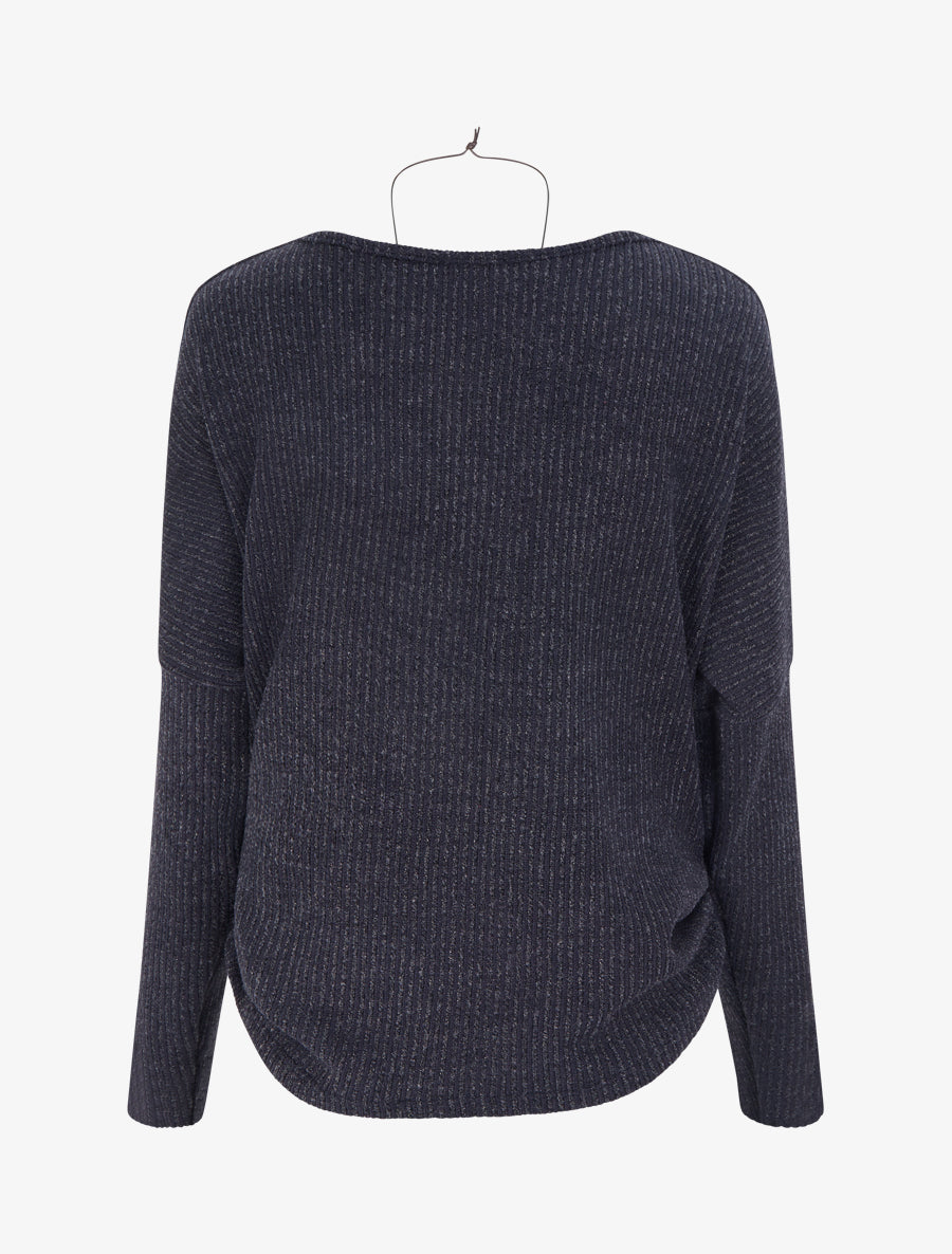 Pull à col bénitier en maille motif rayé - Marine - 2