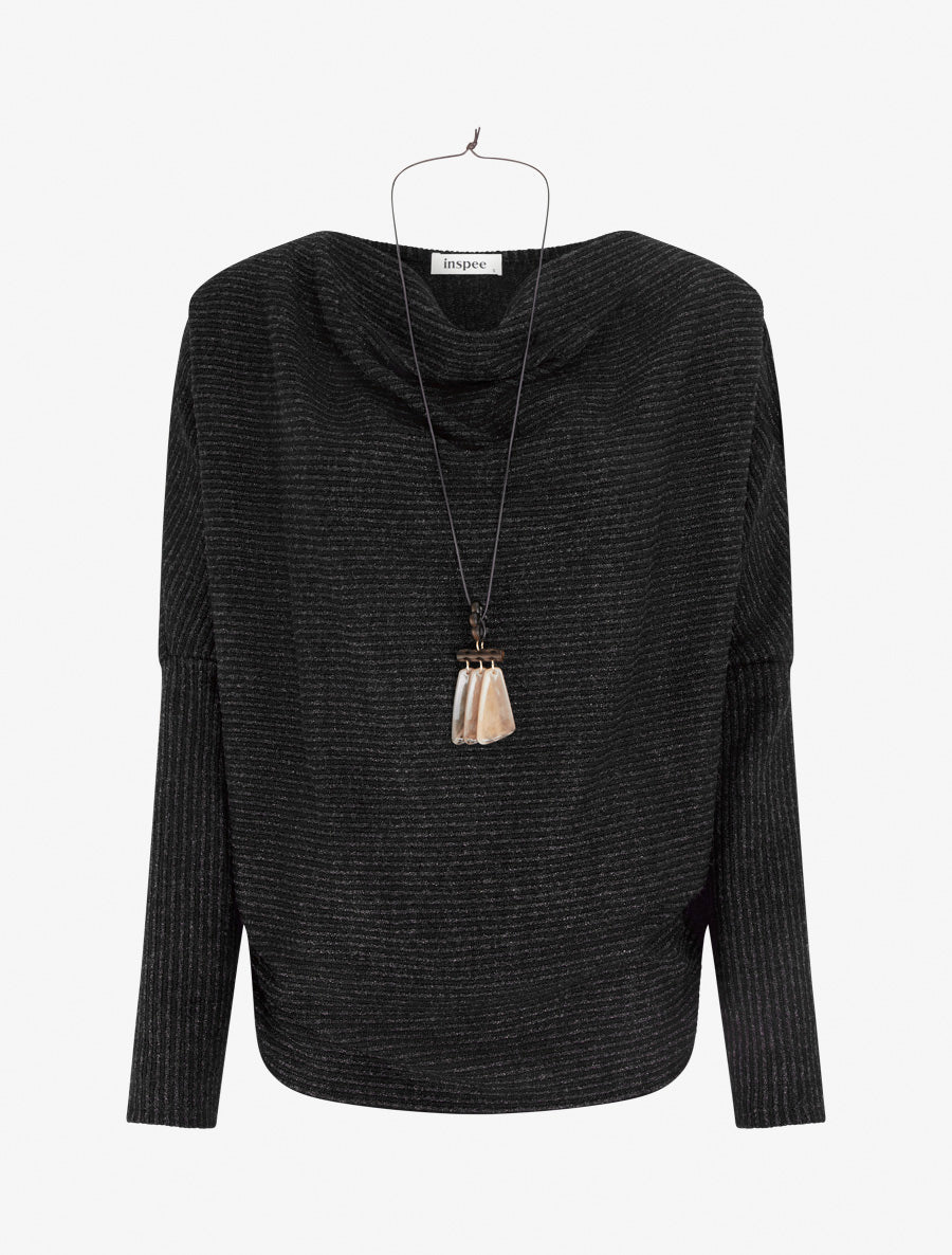 Pull à col bénitier en maille motif rayé - Noir - 1