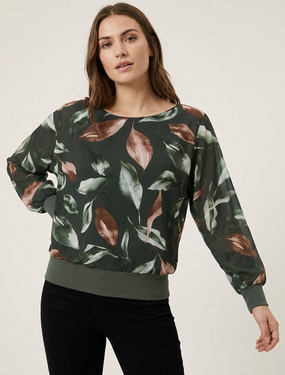 Top con estampado de hojas y mangas murciélago. - Caqui oscuro