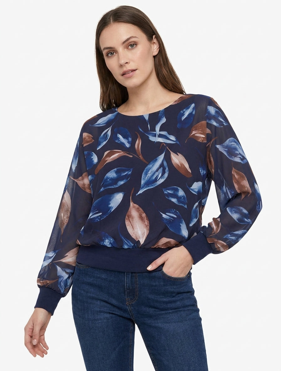 Top con estampado de hojas y mangas murciélago. - Marine