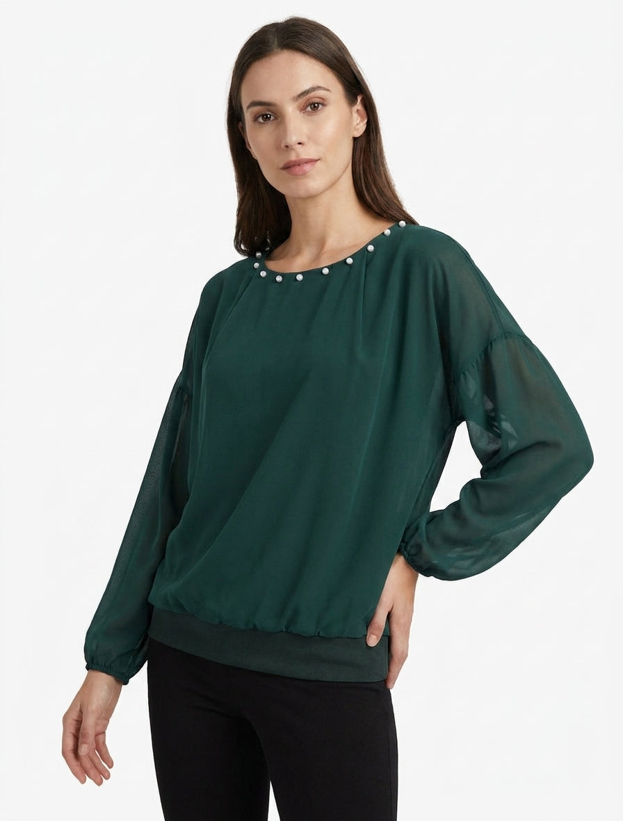 Top con cuello redondo perlado y mangas largas - Verde oscuro