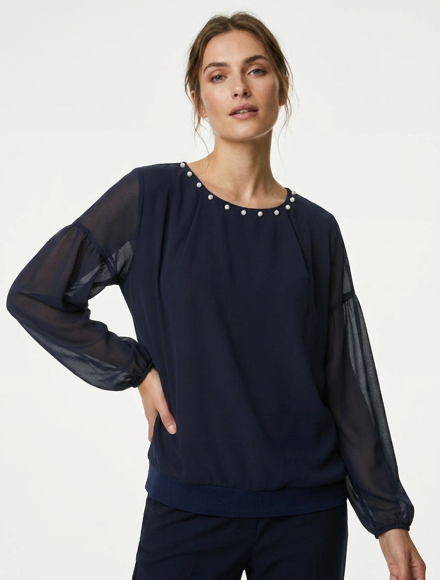 Top con cuello redondo perlado y mangas largas - Marine