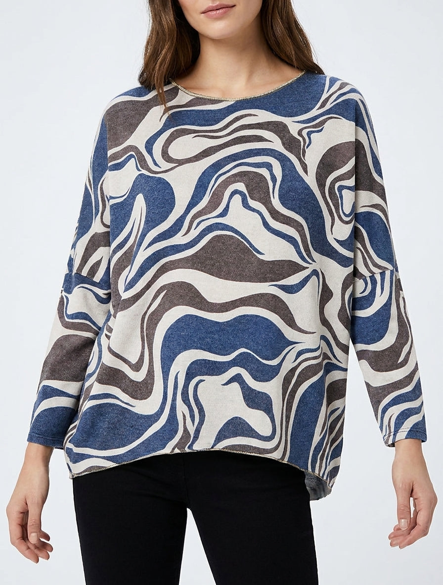 Suéter fino con estampado abstracto y cuello redondo - Marine
