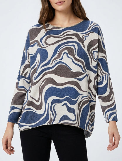 Suéter fino con estampado abstracto y cuello redondo - Marine