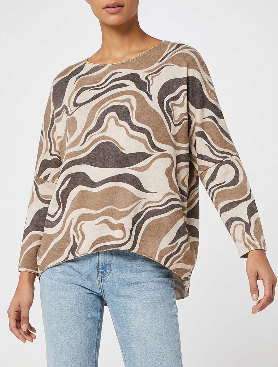 Suéter fino con estampado abstracto y cuello redondo - Beis