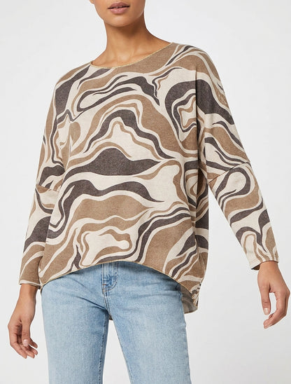Suéter fino con estampado abstracto y cuello redondo - Beis