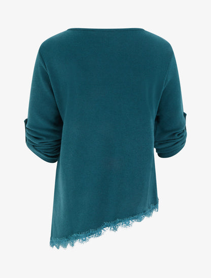 Pull à bords asymétriques et dentelle - Bleu canard - 2