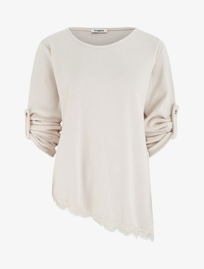 Pull à bords asymétriques et dentelle - Crème - 1